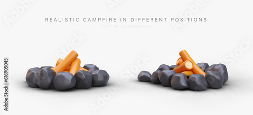 Realistic fireplace for campfire in cartoon style. Pile of wood surrounded by stones. Safe camping. Overnight in forest by campfire. Hiking, adventure seeking. Prepared place for bonfire