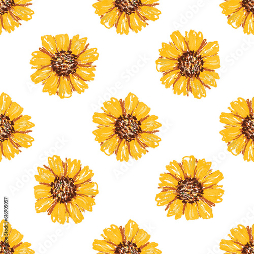 Handmade drawing pastel chalks floral seamless pattern. Texture with flowers isolated on white background. Wallpaper or decoration banner for print, web and textile