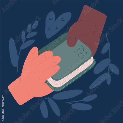 Cartoon vector illustration of Hand giving book. Exchange books, hands borrow knowledge, swap gift reading sharing school library. Hand give book, exchange to read