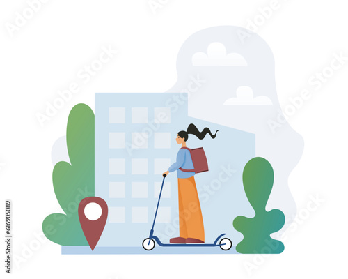 Eco-friendly express home delivery service. Young delivery woman with backpack on back arriving at point of destination on scooter. Flat vector illustration