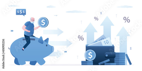 Grandfather rides on piggy bank to pension fund. Protection of retirement savings in bank. High percentage of profit on bank deposit. Smart elderly man, money management.
