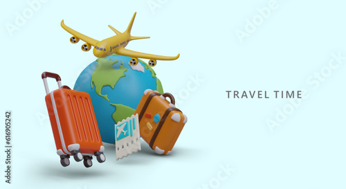 Flights to another end of world. Comfortable modern way to travel. 3D illustration in plasticine style on blue background. Advertising template for poster, banner, flyer