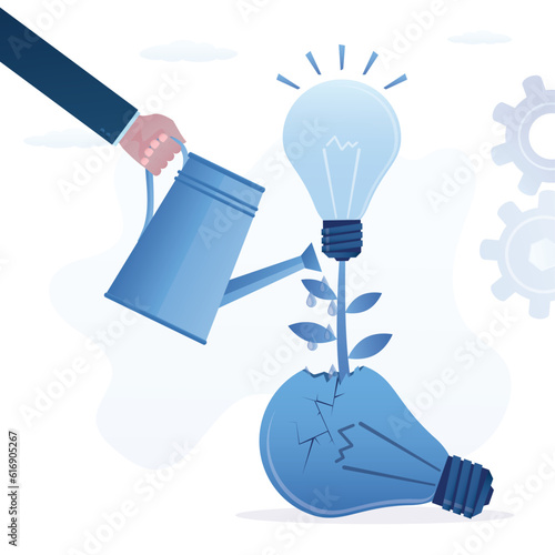 Fail before success, learn from mistake or motivation to success. Entrepreneur watering idea tree growing from broken light bulb. Aspiration to invent new innovation.