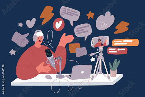 Cartoon vector illustration of Happy man blogger streaming online video or taking photo portrait. Elderly people video communication and blogging