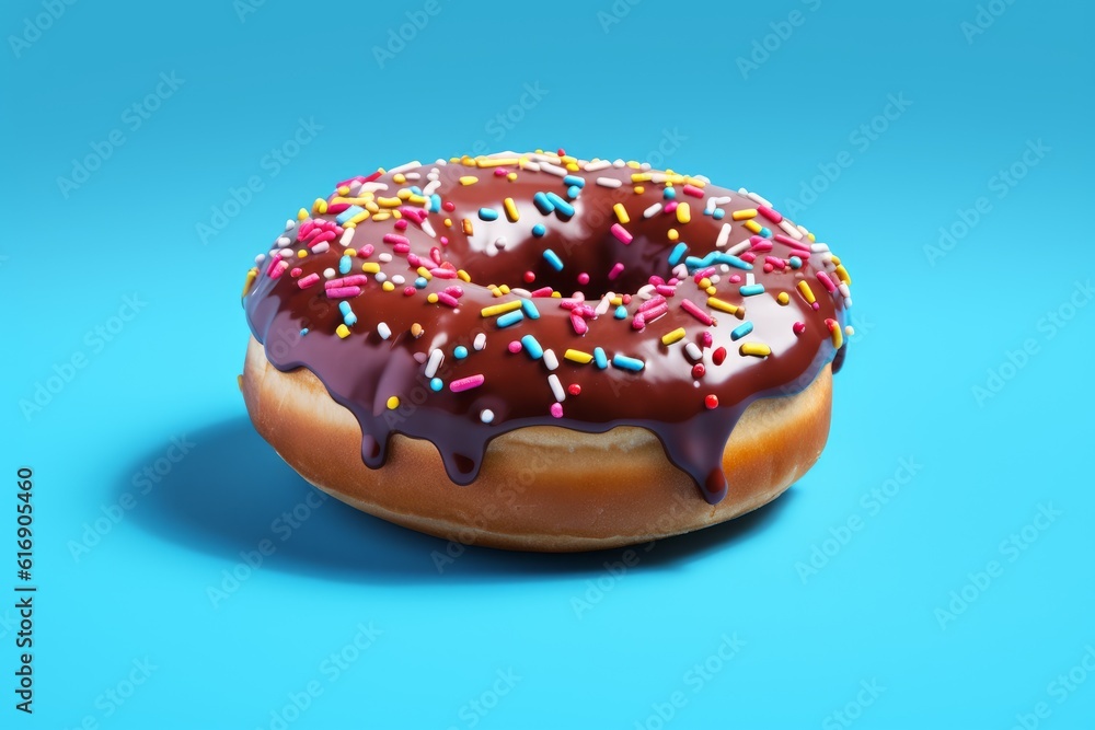 Closeup chocolate doughnut isolated floating on blue background Closeup chocolate doughnut isolated floating on blue background