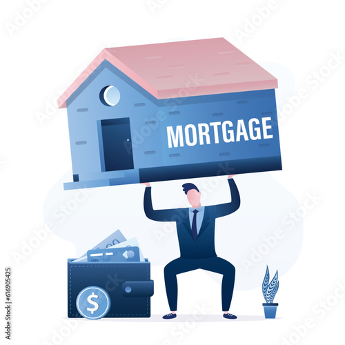 Tired borrower, heavy loans pressure. Businessman holds or tries to lift house. Expensive mortgage, bankruptcy, no money to repay loan. Recession, high mortgage rates.