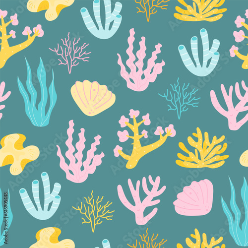 Cute pattern with corals and seaweed or algae
