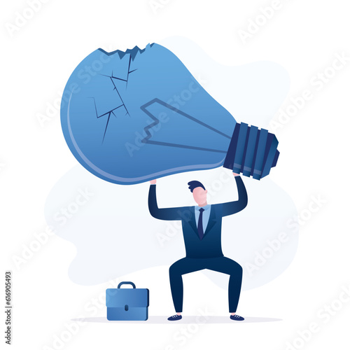 Failure, inefficiency, lack of creativity. Tired businessman, heavy pressure and workload. Fear of making business mistakes. Worker man or employee holds giant broken lightbulb.