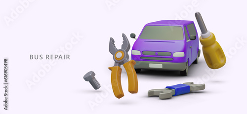 Bus repair station. Restoration of minivans after accident. Spare parts replacement. Violet van, screwdriver, pliers, bolt, wrench. Advertising poster with realistic illustration