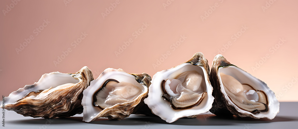 three opened oysters on a gray surface Generated by AI