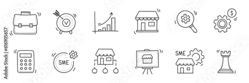 Business sme doodle icon set. Small, medium enterprise business hand drawn doodle sketch style icon. Local partnership, economic strategy, franchise concept. Vector illustration.