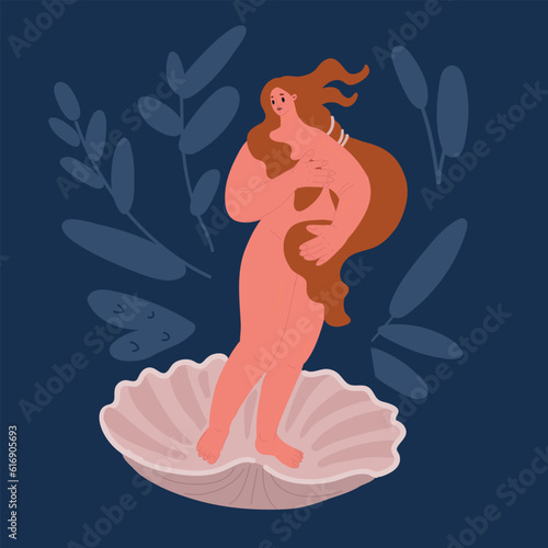Cartoon vector illustration of of a girl with curly hair. the birth of venus. Botticelli. graphic sketch. female face
