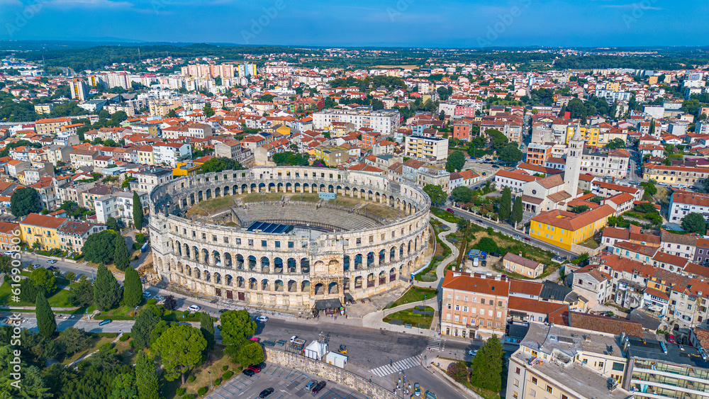 Aerial View. Ancient ruins of Roman amphitheatre in Pula, Croatia