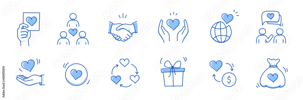 Charity hand, heart, community love doodle line icon. Charity community trust, partnership, people solidarity concept icon set. Hand drawn doodle sketch style line. Vector illustration. Charity hand, heart, community love doodle line icon. Charity community trust, partnership, people solidarity concept icon set. Hand drawn doodle sketch style line. Vector illustration.