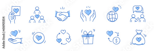 Charity hand, heart, community love doodle line icon. Charity community trust, partnership, people solidarity concept icon set. Hand drawn doodle sketch style line. Vector illustration.