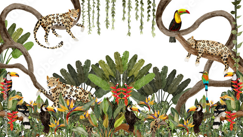 jungle with wild animals watercolor painting © jenjira