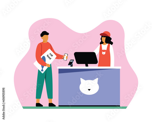 Cartoon guy pays contactless with cell phone for cat food at pet store. Fast and secure digital bank transactions. Modern banking services. Vector illustration