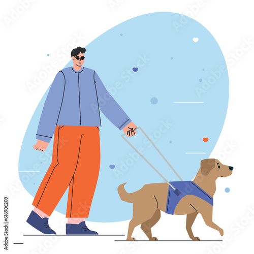 Woman with a guide dog walking. Person who is visually impaired or blind person with seeing-eye labrador. Isolated flat vector illustrationWorld Disability Day. People with Disabilities. Vector