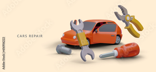 Emergency roadside assistance. Automobile club membership, support program. Car repair. 3D passenger car, fixing tools. Poster with illustration in plasticine style