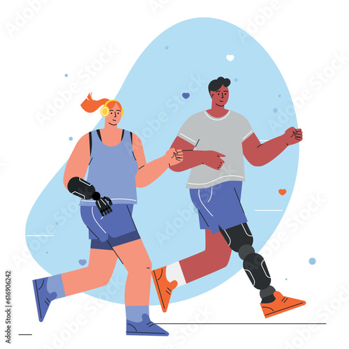 World disabled day. International Day of Persons with Disabilities. A girl with a prosthetic leg is running. vector illustration. for web, infographics, mobile. Flat character in isolated background
