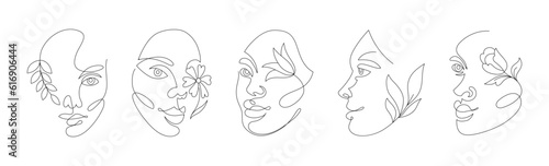Woman line art faces. One outline girl silhouette for tattoo or print, single female black logo, floral feminine portrait. Beauty human minimal head with flowers vector tidy abstract sketch set