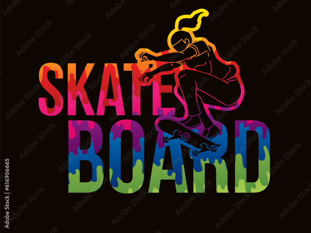 Skateboarder with Text Designed Skateboard Female Player Action Cartoon Extreme Sport Graphic Vector