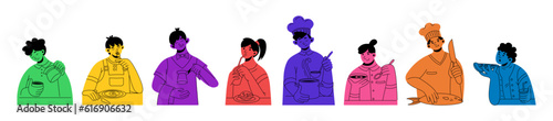 People eating food. Cook chef icons. Pizza and burger on kitchen. Cartoon restaurant characters. Persons cooking dinner. Coffee cup. Man and woman portraits set. Vector illustration design