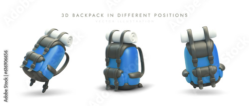 Set of blue 3D travel backpacks, three different positions. Time to hike. Vector images for travel sites, pages, applications. Neat packing of necessary things. Active recreation in nature