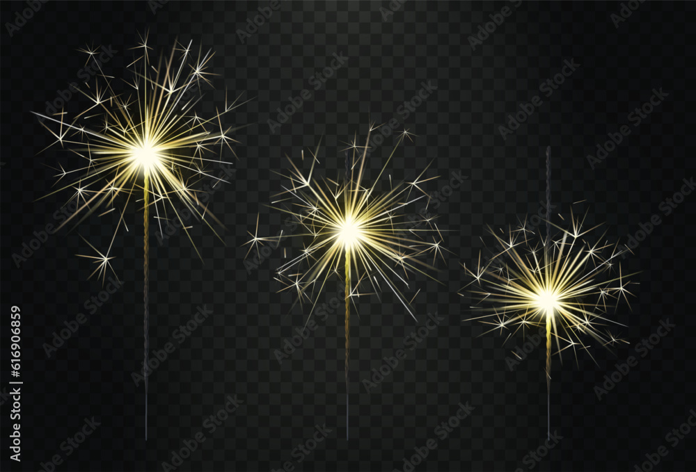 Obraz premium Firework realistic, festive sparkler. Light bengal candle, diwali or christmas fire, fountain for new year or birthday anniversary party, golden flare. Vector exact isolated pyrotechnic illustration