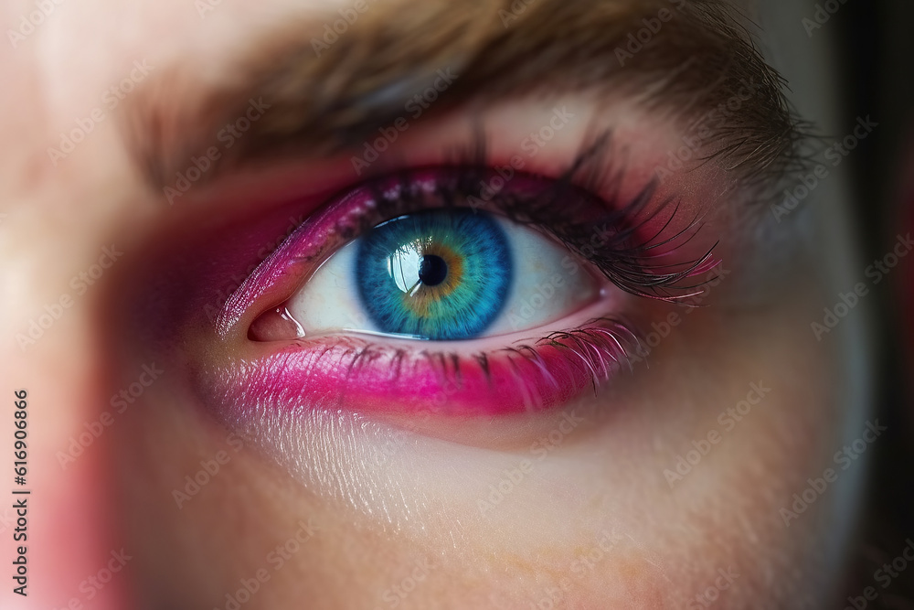 eye of transgender man painted with colored mascara. Face of gay man with makeup close-up. Generative AI