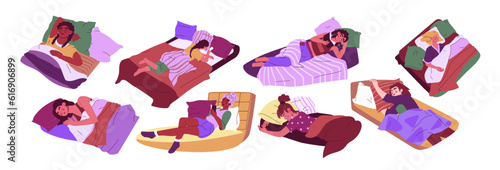 Sleep woman. Asleep cartoon flat style modern character, dream bed, nap and snore in bedroom, sleepy child awake. Girl reading book or chatting online. Vector exact isolated graphic