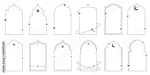 Aesthetic frame shape. Outline minimal graphic elements with stars. Abstract boho arches with sparkles. Trendy ramadan islamic templates set for poster and story. Vector illustration
