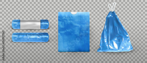 Plastic bags. Garbage blue bag with handles. Trash roll, blue package mockup, waste sack or can, full with strings, empty and full polyethylene pack, refuse. Vector exact isolated set
