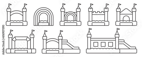 Bouncy inflatable castle icons set. Vector trampoline outline pictograms for jumping game isolated on white background.