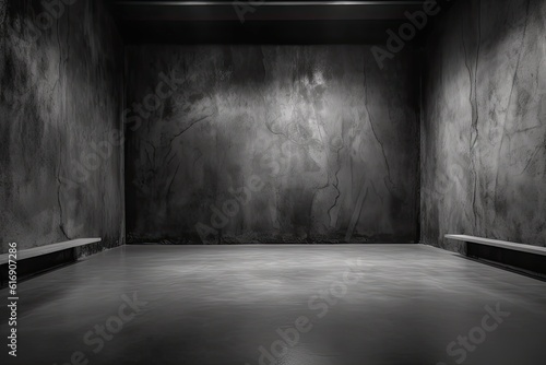 Dark black and gray abstract cement wall and interior textured studio room for product display. Wall background 