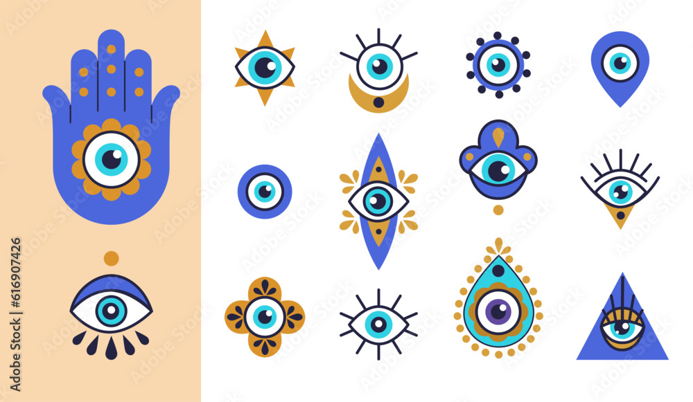 Fototapeta premium Turkish eye. Hamsa, blue greek pattern on hand, greece print or glass amulet, nazar tree symbol, art bead. Luck and protection sign, mystical talisman. Vector tidy illustration isolated icons