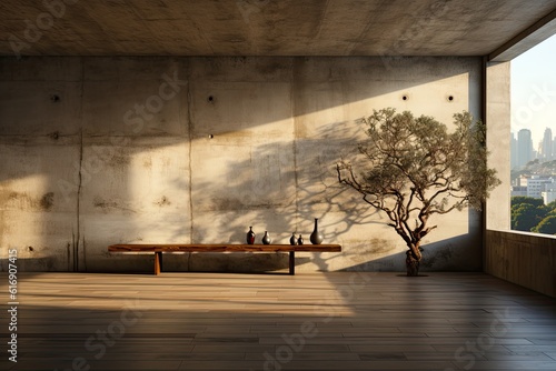 Modern living room with concrete walls, concrete floor