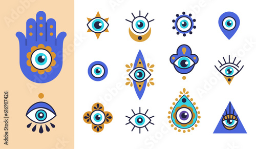 Turkish eye. Hamsa, blue greek pattern on hand, greece print or glass amulet, nazar tree symbol, art bead. Luck and protection sign, mystical talisman. Vector tidy illustration isolated icons photo