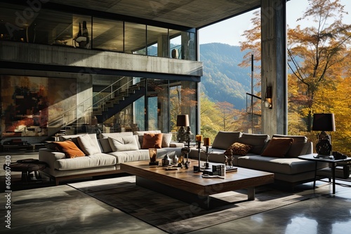 Interior of modern living room with mountain view