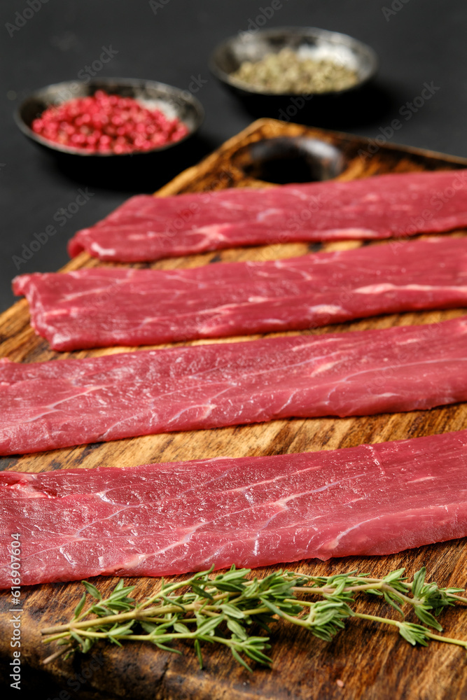 Closeup view of raw beef strips