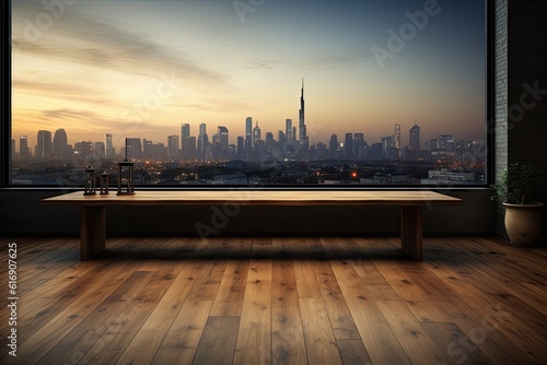 Wooden table with a view of the city