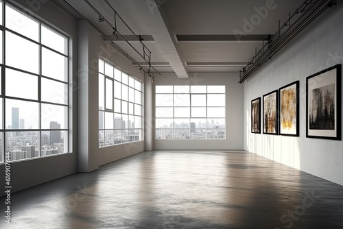 Interior of modern gallery with empty walls, concrete floor and paintings. Mock up