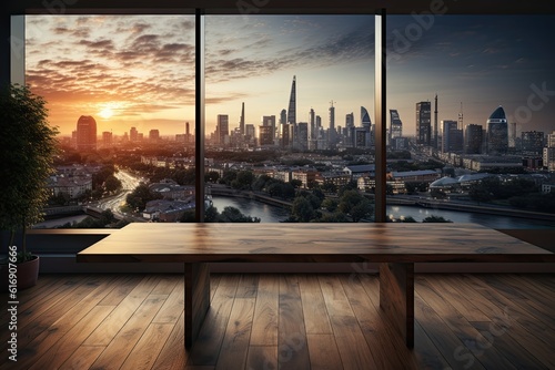 Wooden table with a view of the city