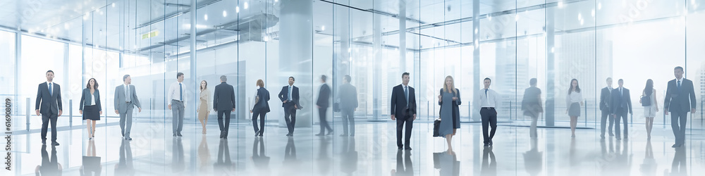 blurred background people in a glass office concept business center. Generative AI blurred background people in a glass office concept business center. Generative AI