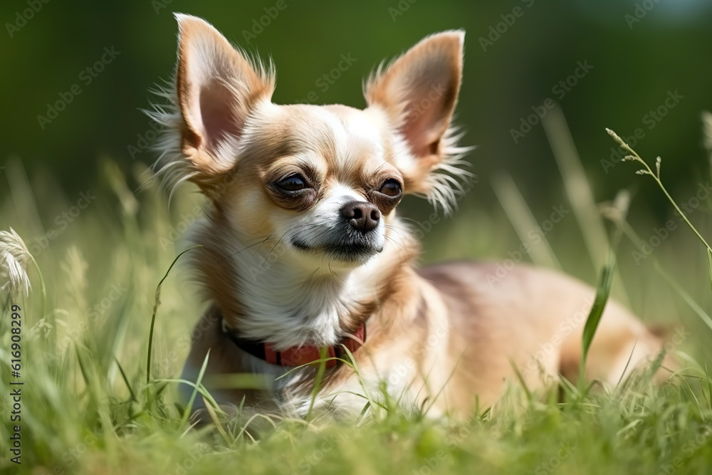 Image of chihuahua dog resting on green pasture grass on summer. Pet. Animals. Illustration. Generative AI. Image of chihuahua dog resting on green pasture grass on summer. Pet. Animals. Illustration. Generative AI.