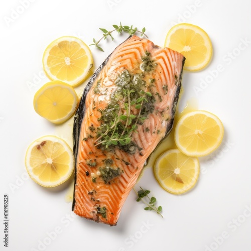 Grilled Salmon with Lemon Herb Butter isolated on white background. Generative AI