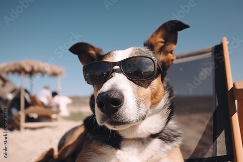 Image of a dog wearing sunglasses lying on chair on beach on a clear day. Pet. Illustration, Generative AI. © yod67