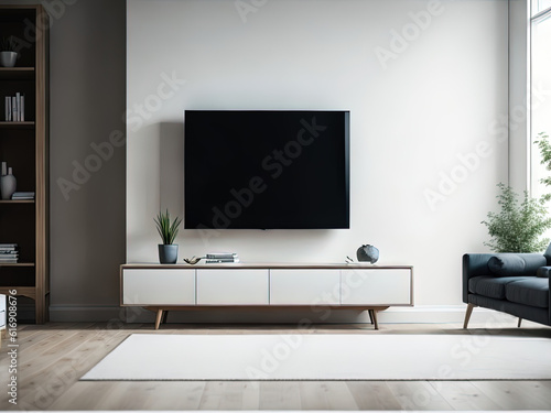 Mockup blank TV in room interior with sofa and green plants, Scandinavian Style, 3d render, generative AI