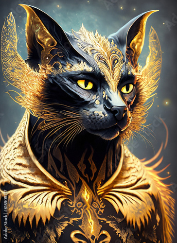 Mystic cat like a phoenix, golden and black colors. © SA Studio