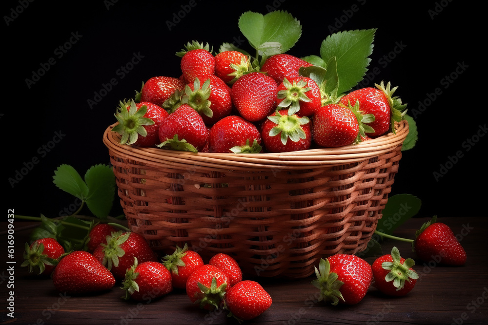 A basket of strawberries in a dark background - Generative AI A basket of strawberries in a dark background - Generative AI